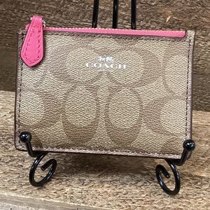 Coach Signature Canvas Zip Coin Case with Key Ring – Hot Pink Trim – NWT
